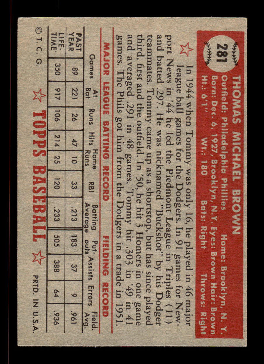1952 Topps #281 Tommy Brown Philadelphia Phillies Crease Free EX HOF-10007003