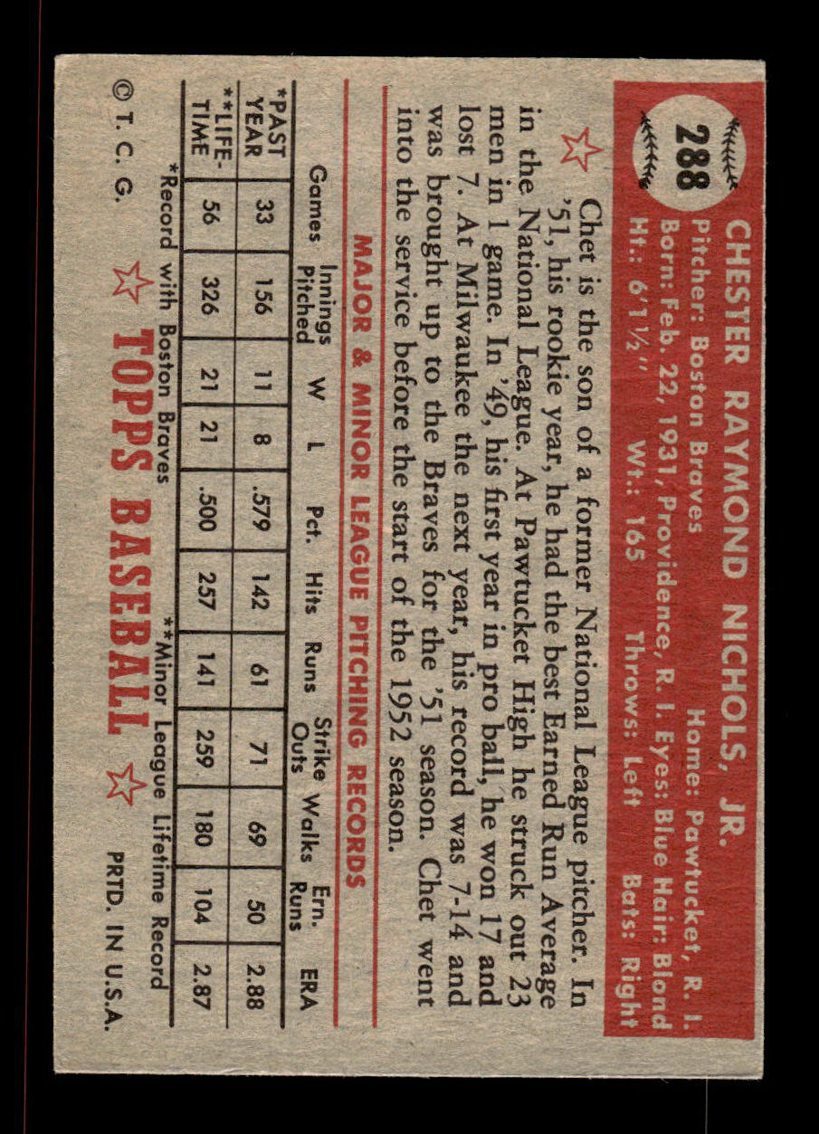 1952 Topps #288 Chet Nichols Boston Braves Crease Free EXMT HOF-10007010