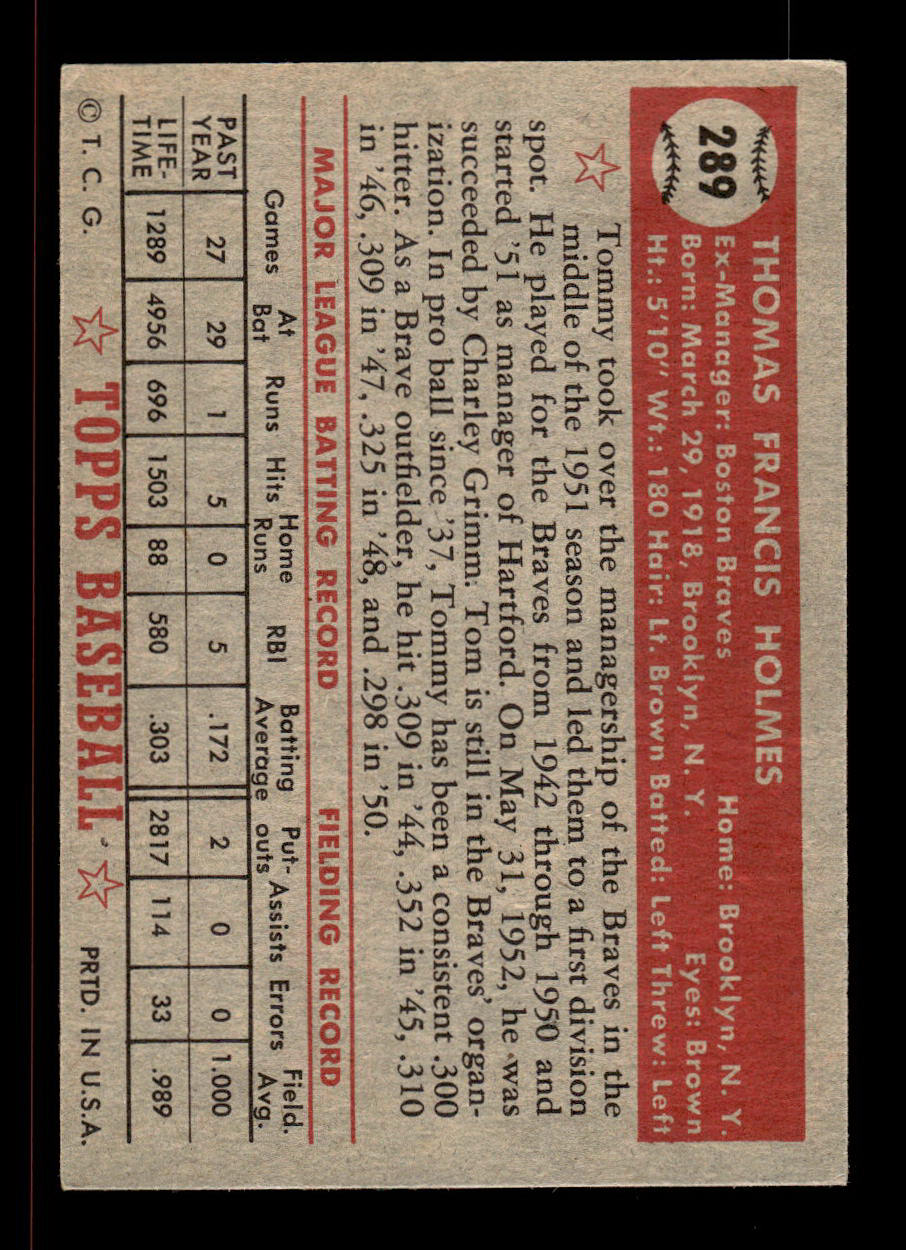 1952 Topps #289 Tommy Holmes Boston Braves Crease Free EXMT HOF-10007011
