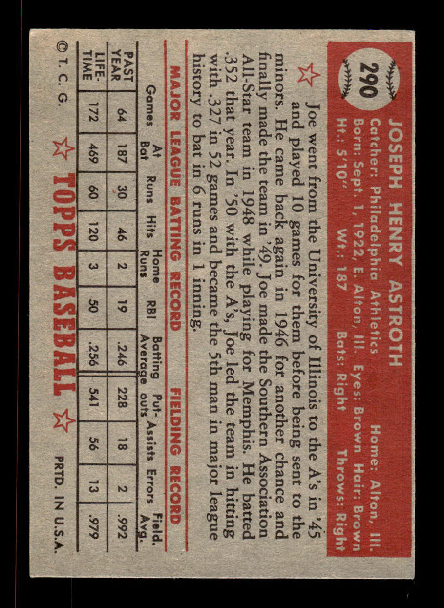 1952 Topps #290 Joe Astroth Phila Athletics Crease Free EXMT HOF-10007012
