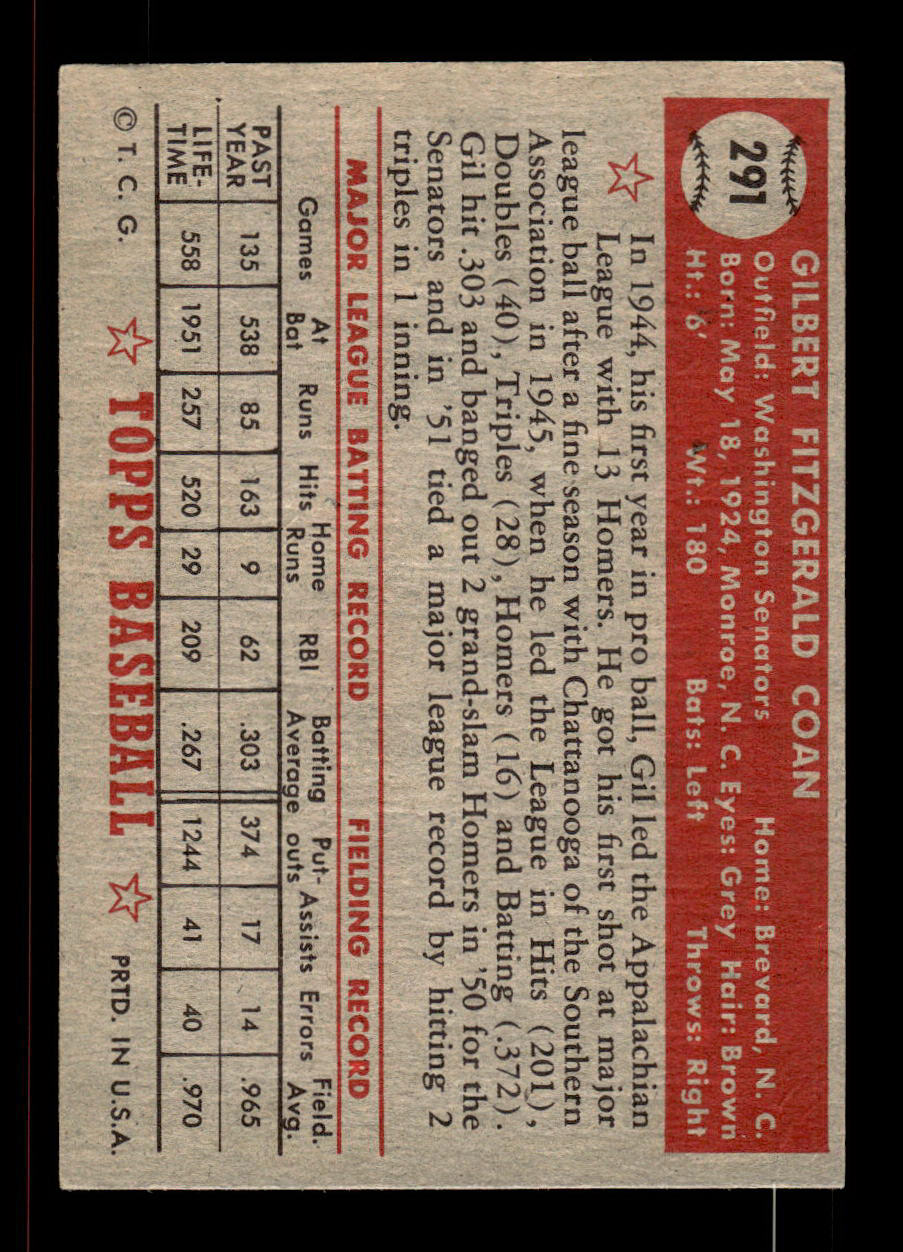 1952 Topps #291 Gil Coan Washington Senators Crease Free EXMT HOF-10007013