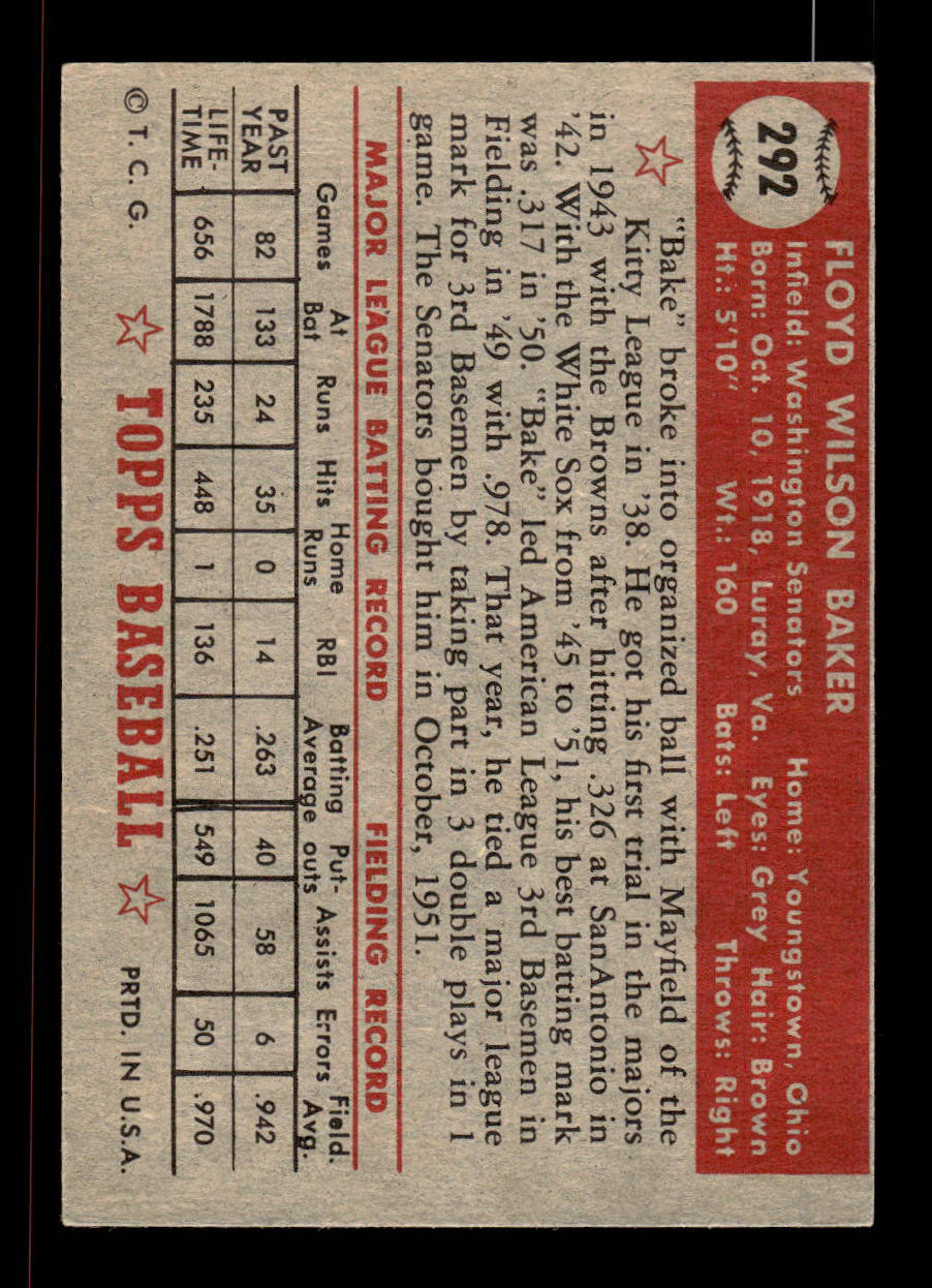1952 Topps #292 Floyd Baker Washington Senators Crease Free EX HOF-10007014