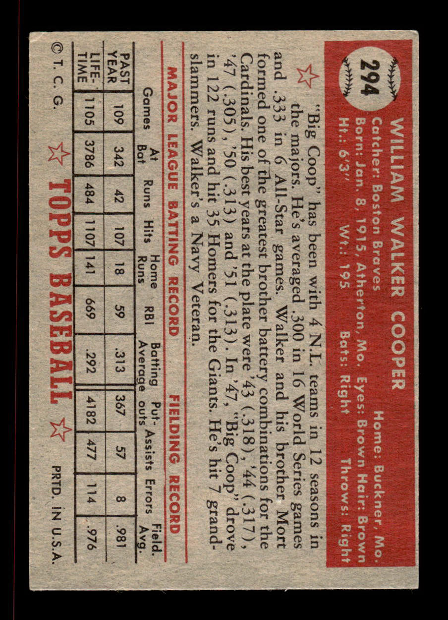 1952 Topps #294 Walker Cooper Boston Braves Crease Free EXMT HOF-10007016