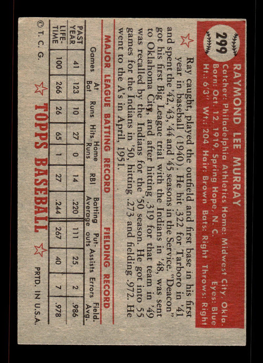 1952 Topps #299 Ray Murray Philadelphia Athletics Crease Free EXMT HOF-10007018