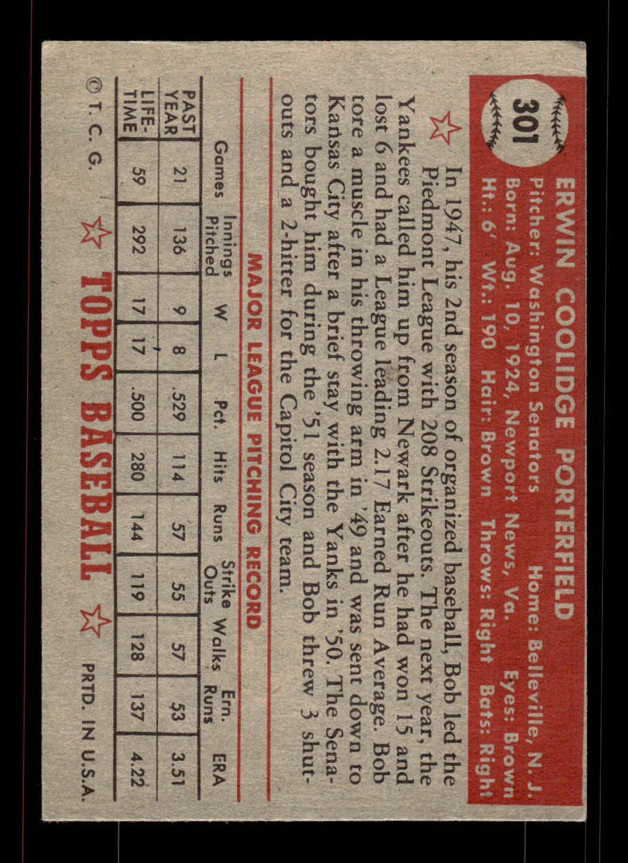 1952 Topps #301 Bob Porterfield Senators Crease Free EXMT HOF-10007020