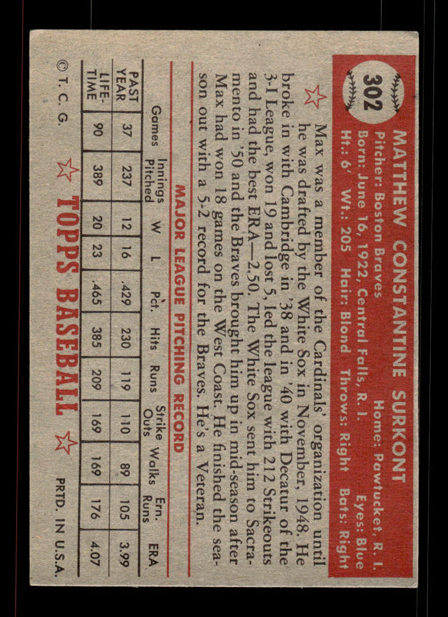 1952 Topps #302 Max Surkont Boston Braves Crease Free EXMT HOF-10007021