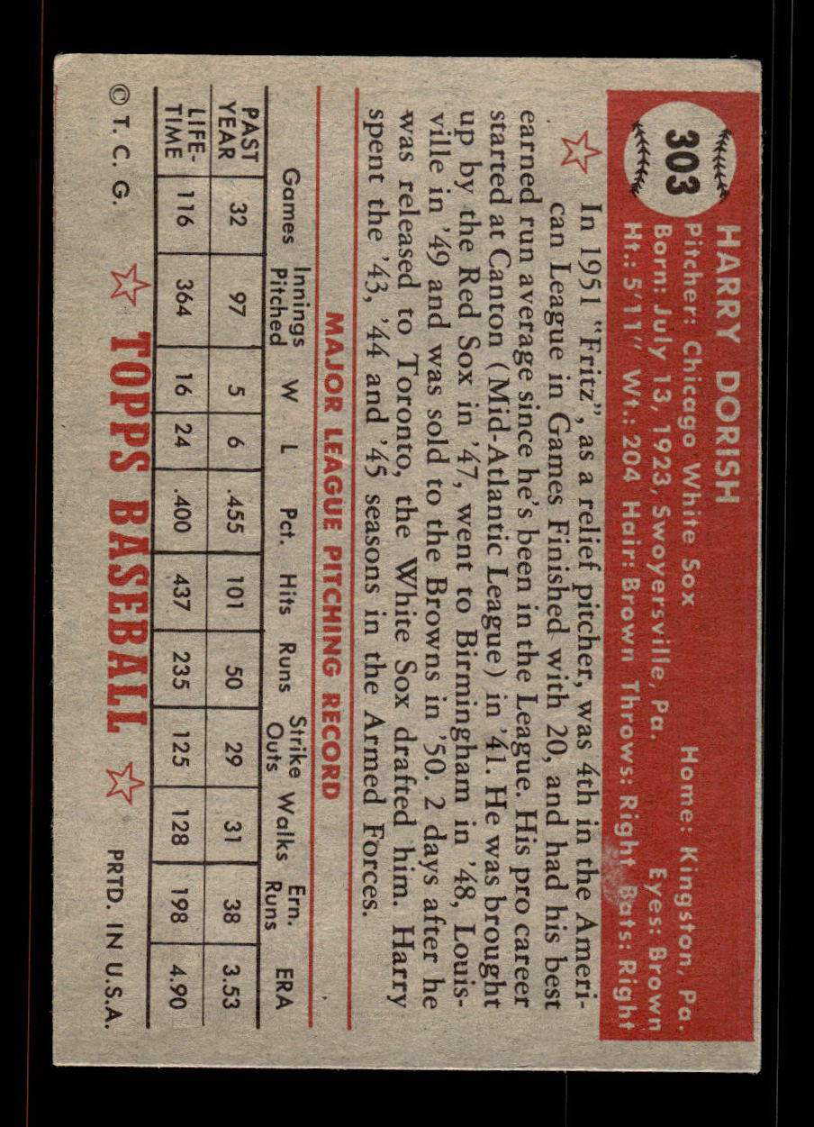 1952 Topps #303 Harry Dorish Chicago White Sox Crease Free EXMT HOF-10007022