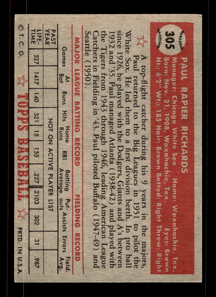 1952 Topps #305 Paul Richards Chicago White Sox Crease Free EXMT HOF-10007024
