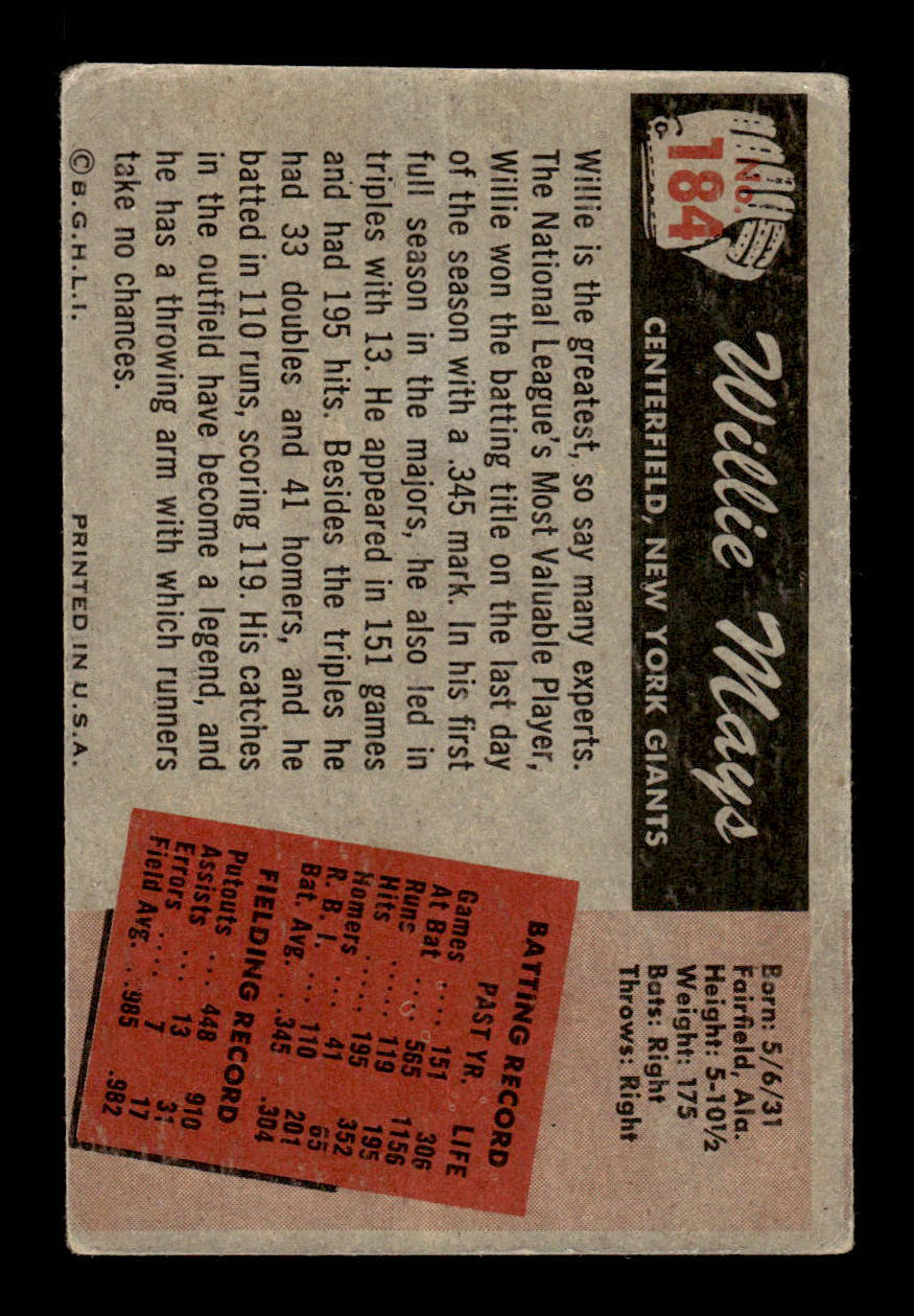 1955 Bowman #184 Willie Mays New York Giants G/VG 55B10007032