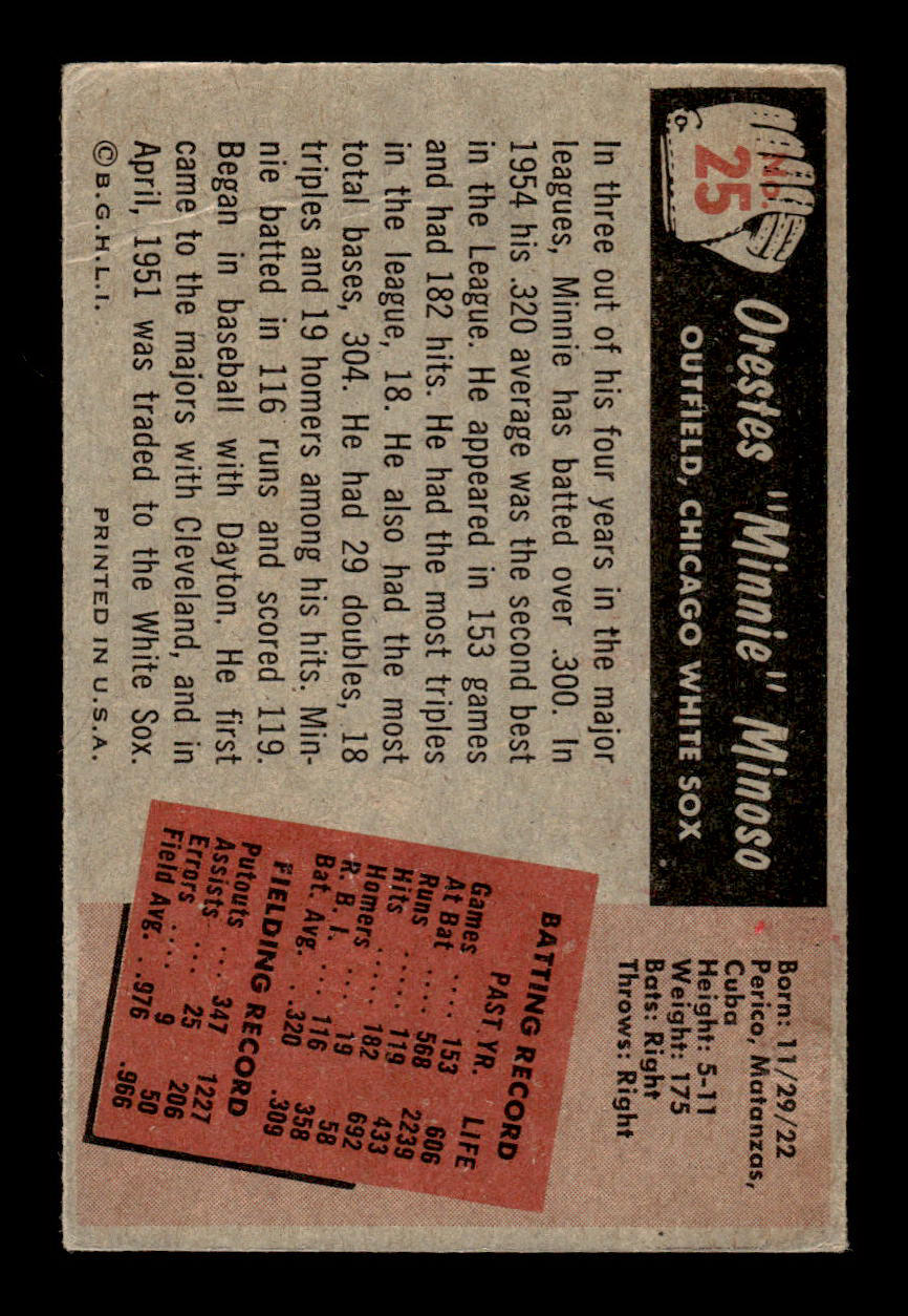 1955 Bowman #25 Orestes "Minnie" Minoso Chicago White Sox VG 55B10007061
