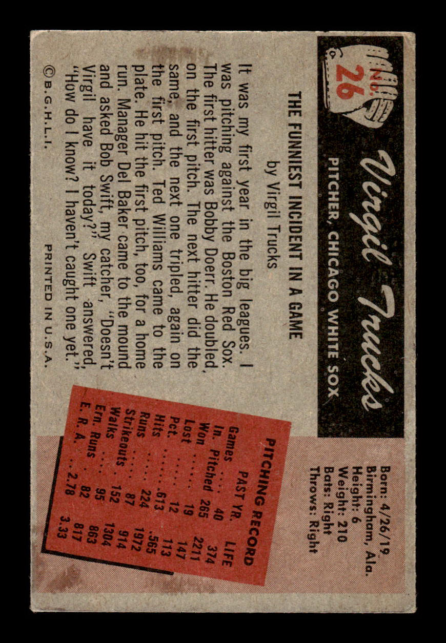 1955 Bowman #26 Virgil Trucks Chicago White Sox VG 55B10007062
