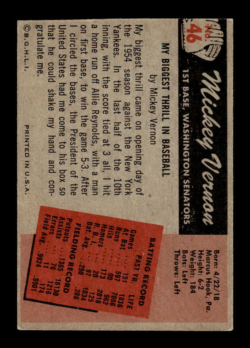 1955 Bowman #46 Mickey Vernon Washington Senators G/VG 55B10007082