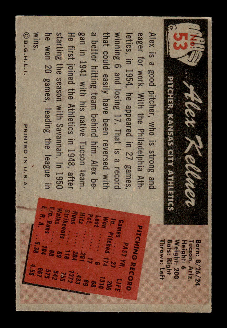 1955 Bowman #53 Alex Kellner Kansas City Athletics G/VG 55B10007089