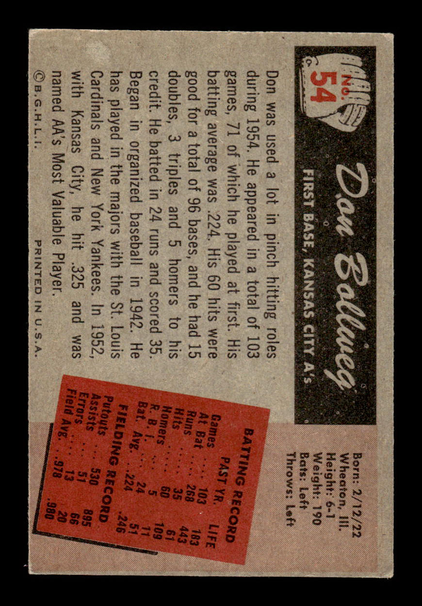 1955 Bowman #54 Don Bollweg Kansas City Athletics G/VG 55B10007090