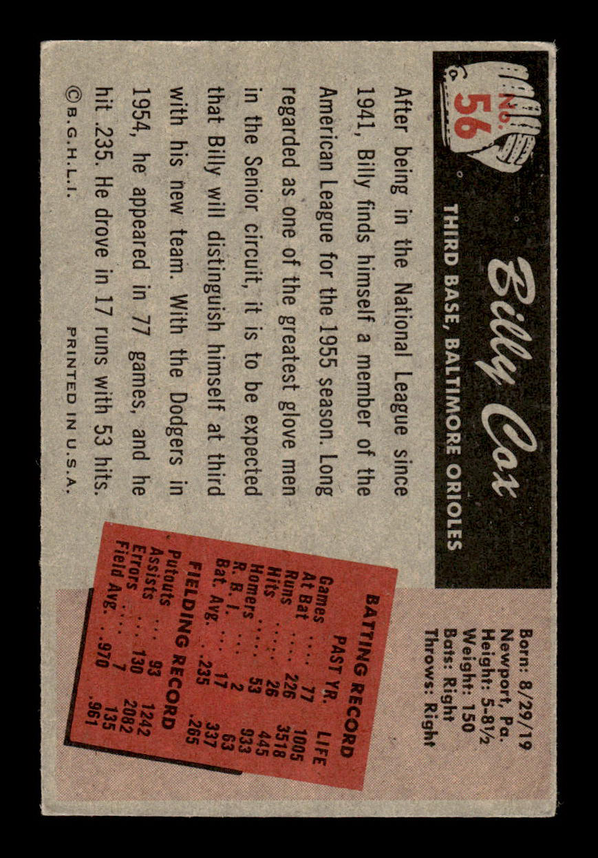 1955 Bowman #56 Billy Cox Baltimore Orioles G/VG 55B10007092