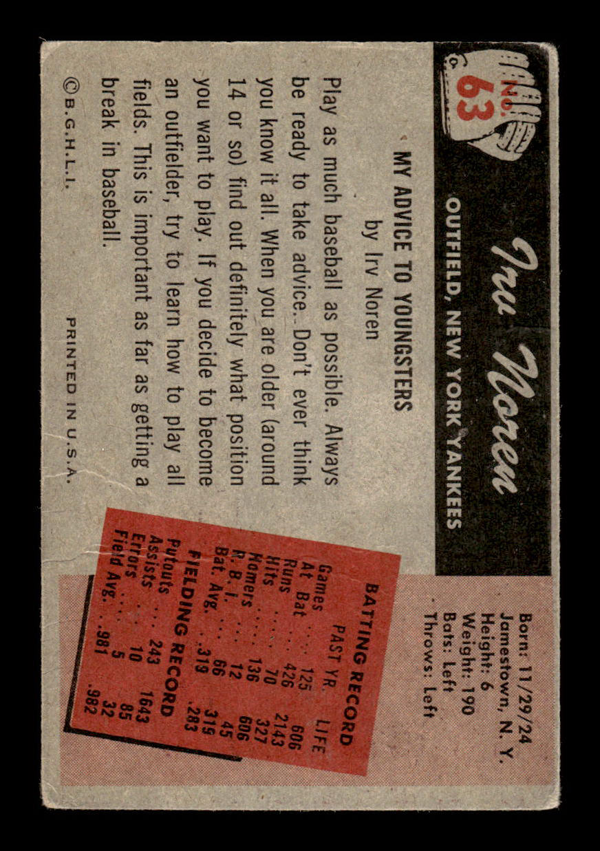 1955 Bowman #63 Irv Noren New York Yankees G/VG 55B10007099
