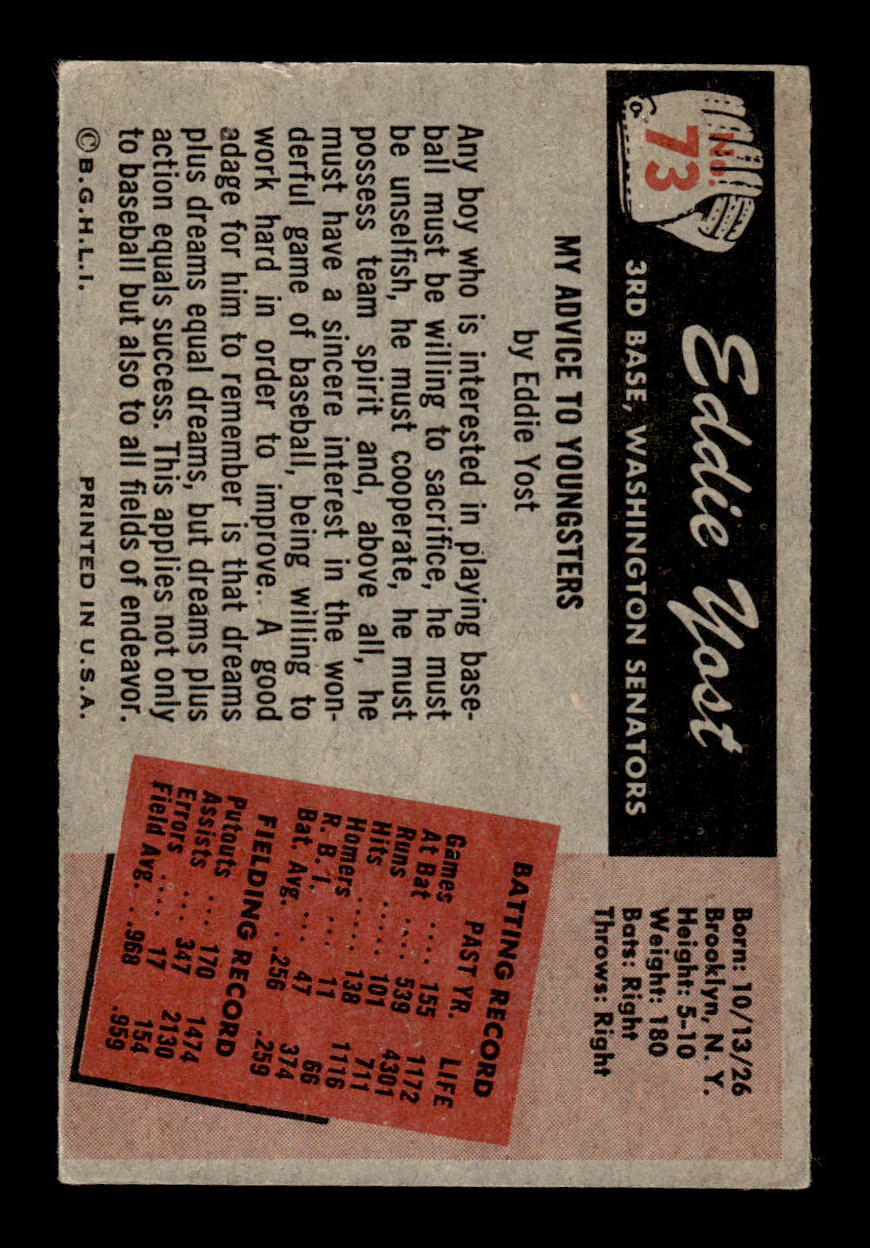 1955 Bowman #73 Eddie Yost Washington Senators G/VG 55B10007109