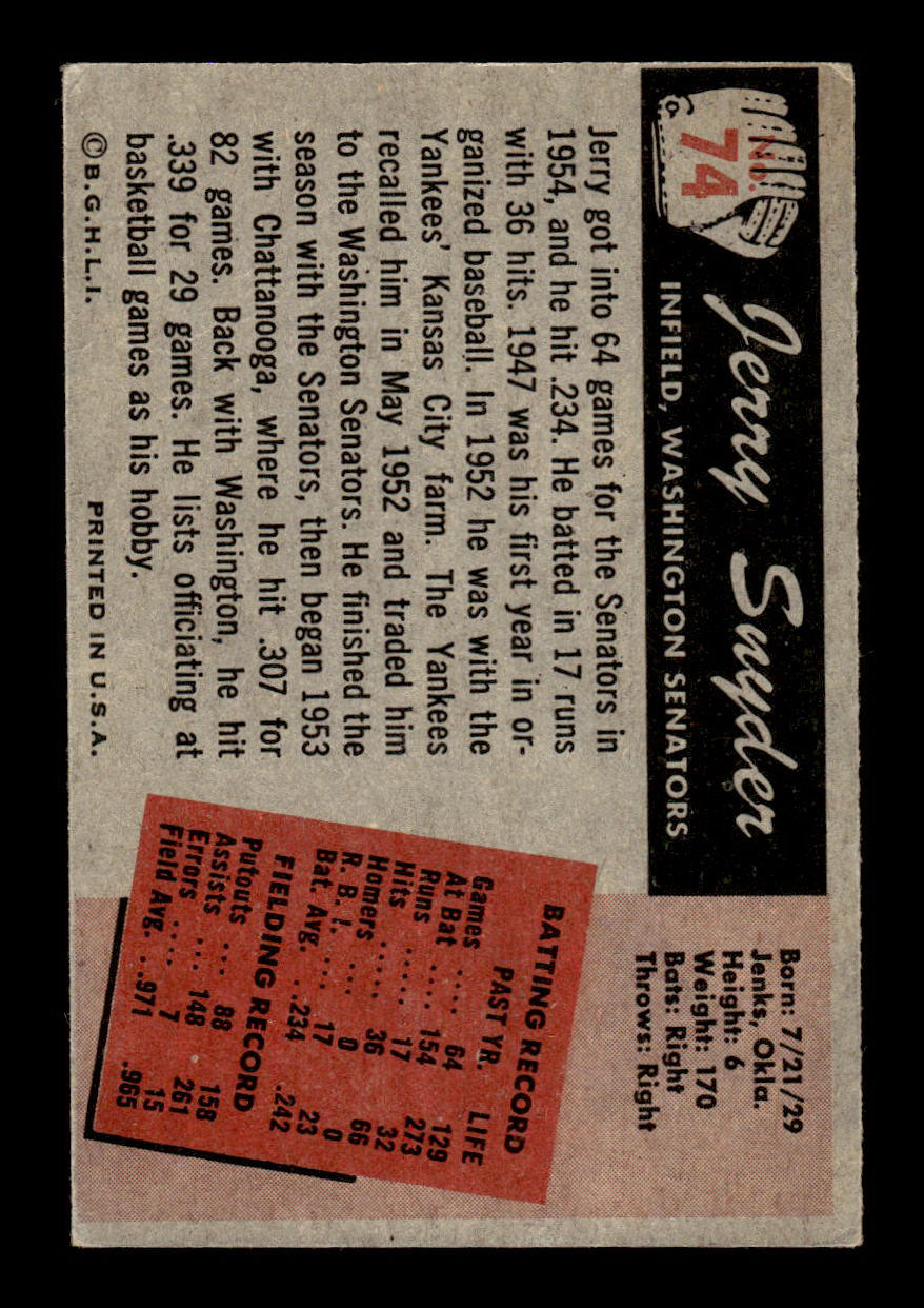 1955 Bowman #74 Jerry Snyder Washington Senators G/VG 55B10007110