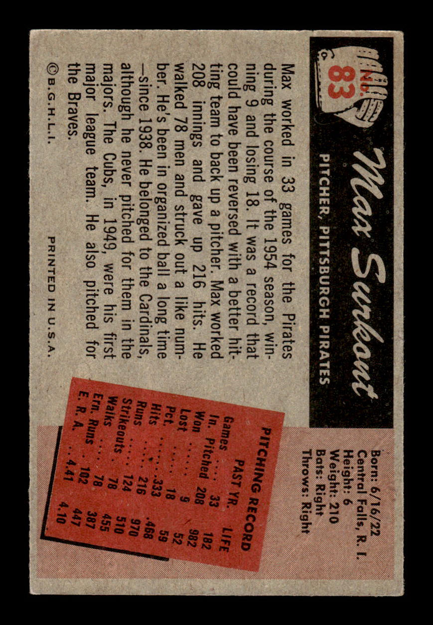 1955 Bowman #83 Max Surkont Pittsburgh Pirates VG 55B10007119