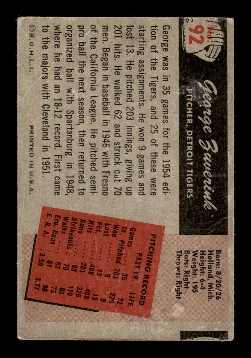 1955 Bowman #92 George Zuverink Detroit Tigers G/VG 55B10007128