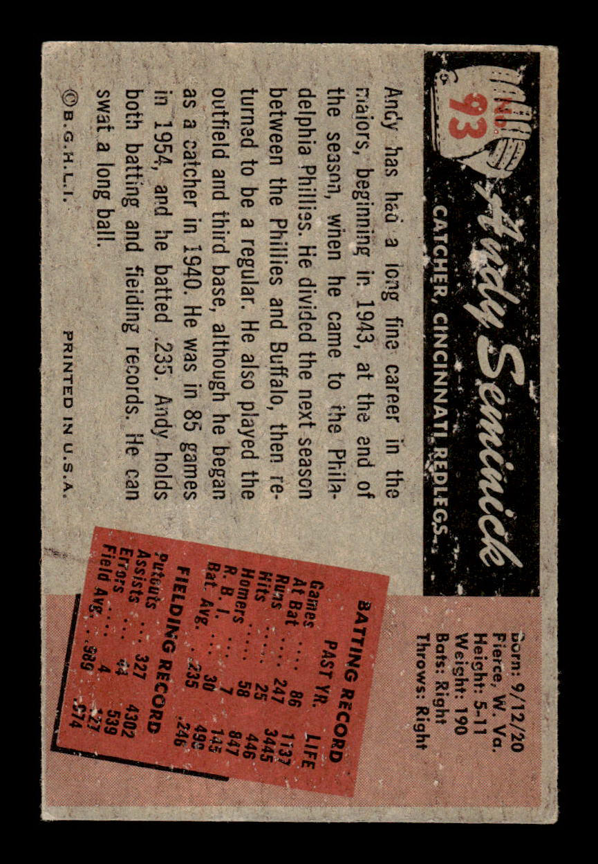 1955 Bowman #93 Andy Seminick Cincinnati Redlegs G/VG 55B10007129