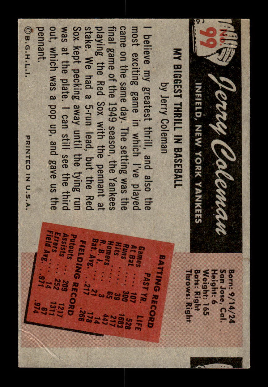 1955 Bowman #99 Jerry Coleman New York Yankees G/VG 55B10007135