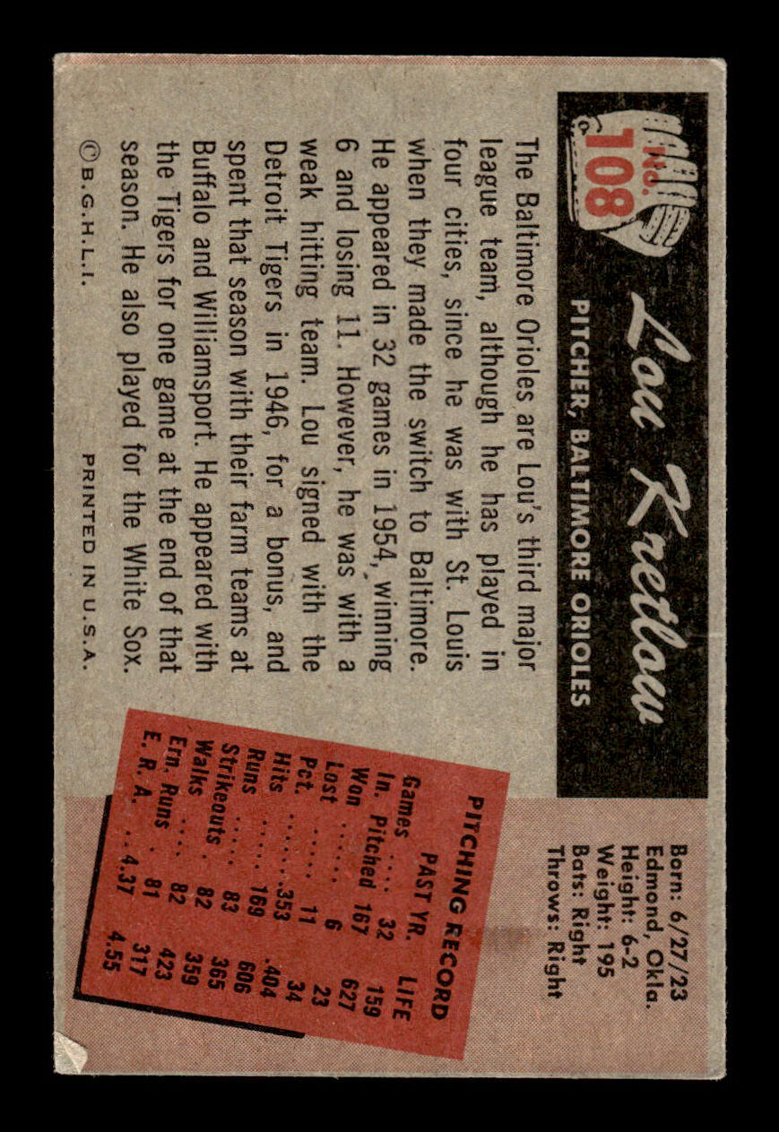1955 Bowman #108 Lou Kretlow Baltimore Orioles G/VG 55B10007145