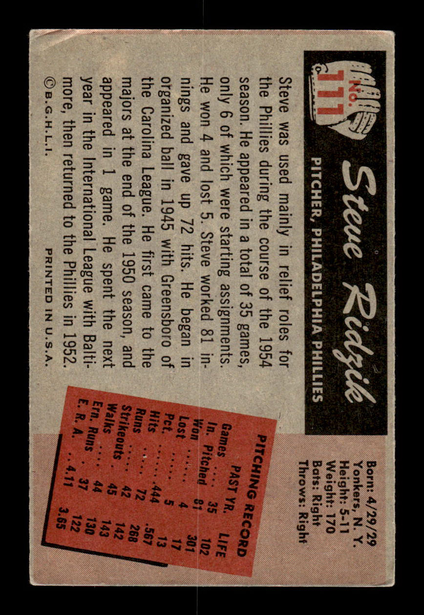 1955 Bowman #111 Steve Ridzik Philadelphia Phillies G/VG 55B10007148
