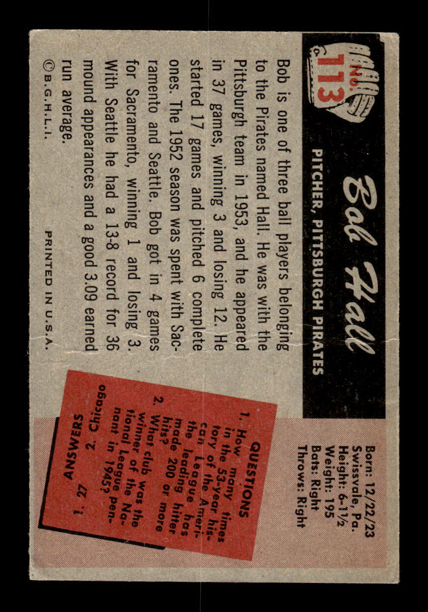 1955 Bowman #113 Bob Hall Pittsburgh Pirates G/VG 55B10007150
