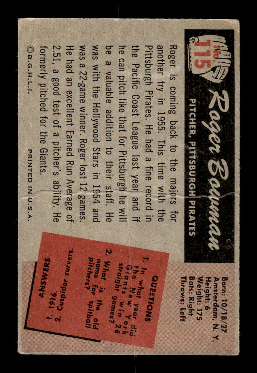 1955 Bowman #115 Roger Bowman Pittsburgh Pirates G/VG 55B10007152