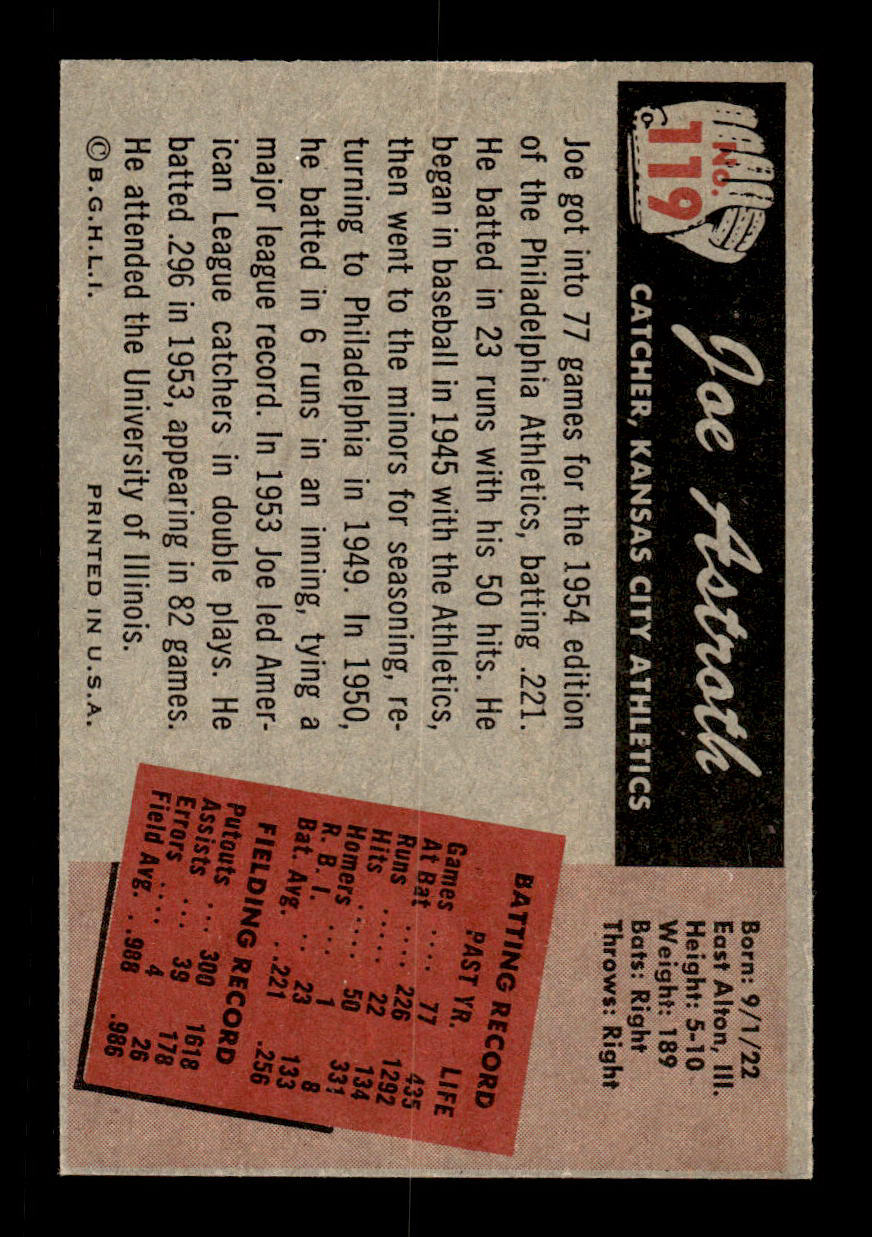 1955 Bowman #119 Joe Astroth Kansas City Athletics G/VG 55B10007156