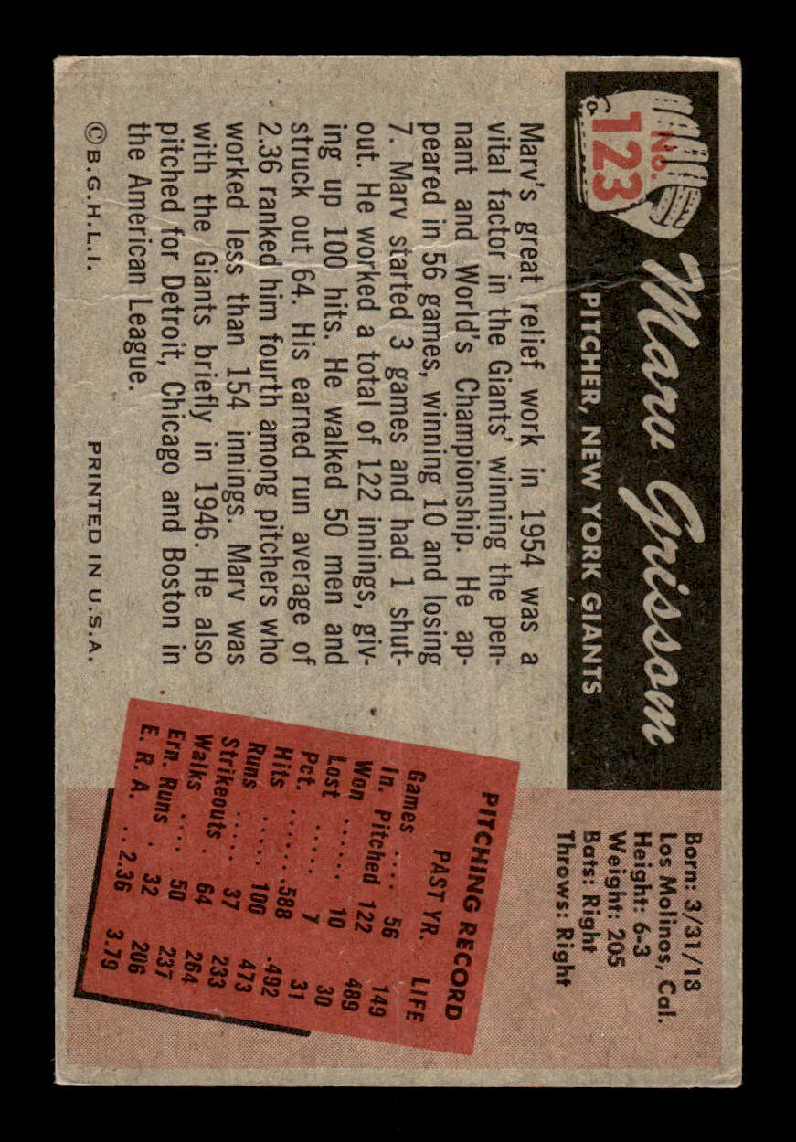 1955 Bowman #123 Marv Grissom New York Giants G/VG 55B10007160