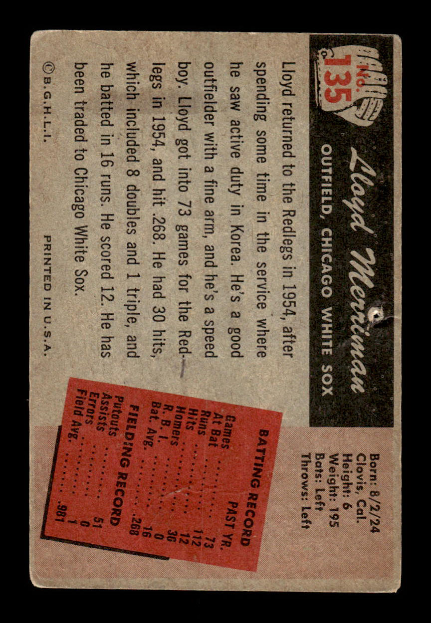 1955 Bowman #135 Lloyd Merriman Chicago White Sox G/VG 55B10007172