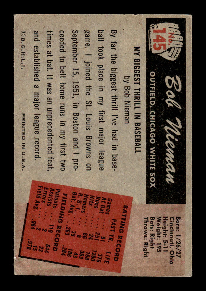1955 Bowman #145 Bob Nieman Chicago White Sox VG 55B10007182