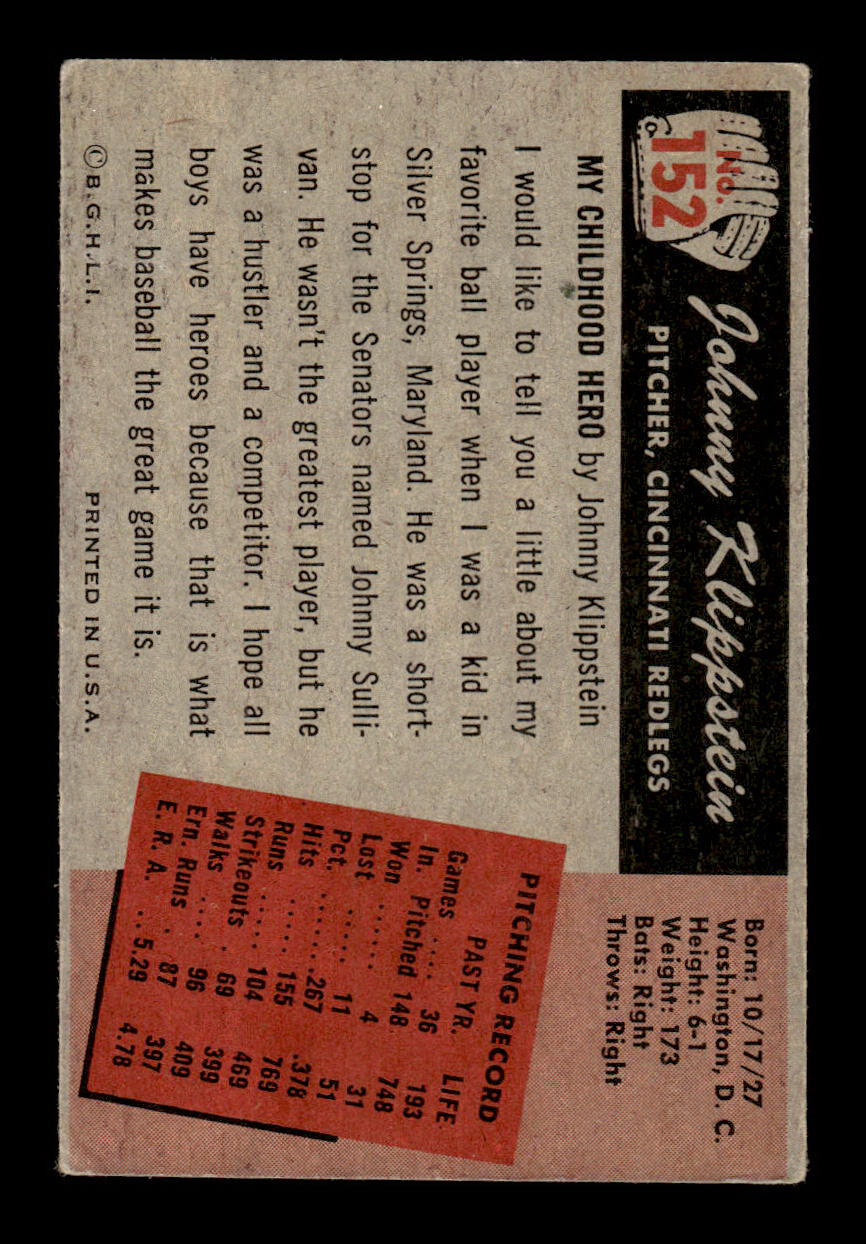 1955 Bowman #152 Johnny Klippstein Cincinnati Redlegs G/VG 55B10007188