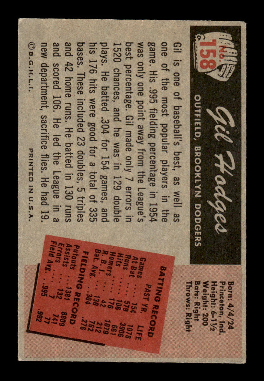 1955 Bowman #158 Gil Hodges Brooklyn Dodgers VG 55B10007193