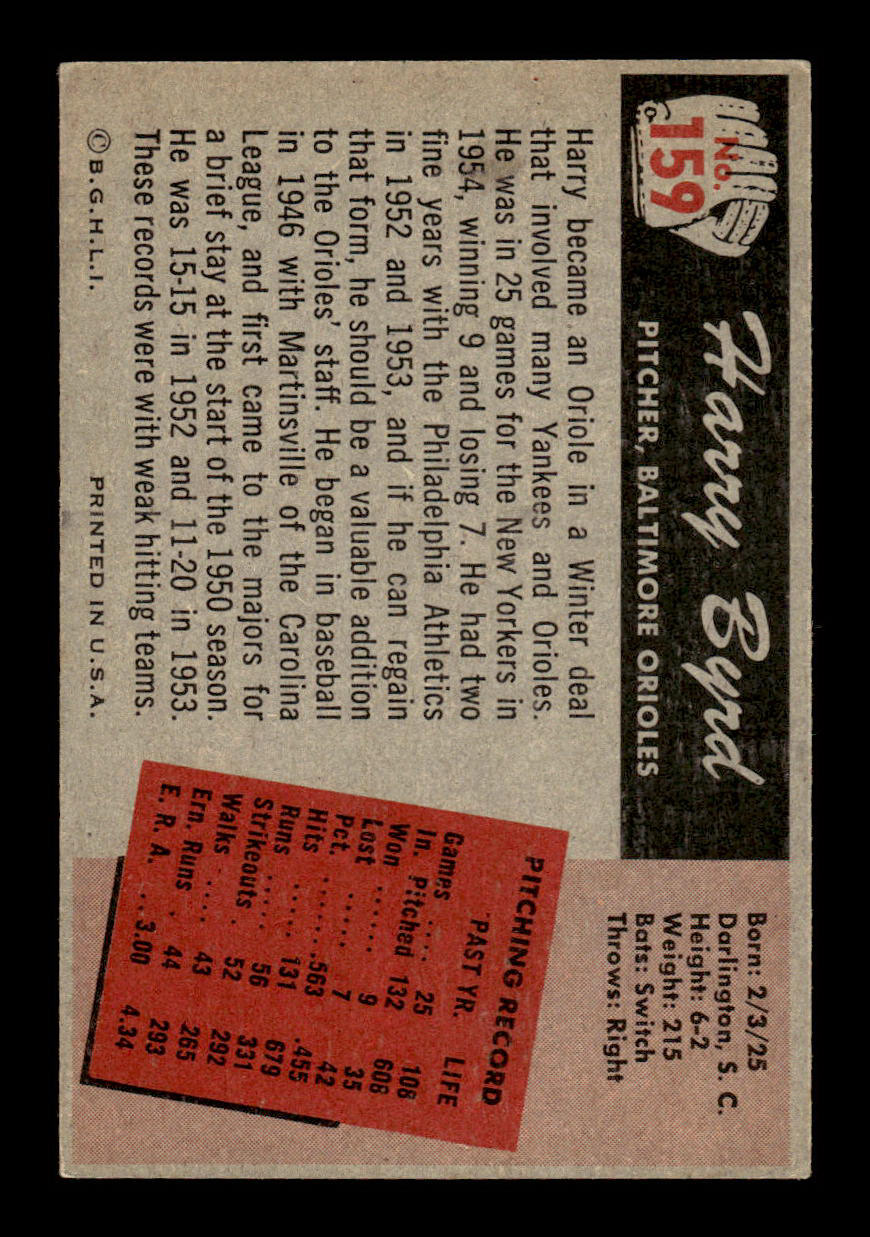 1955 Bowman #159 Harry Byrd Baltimore Orioles VG 55B10007194