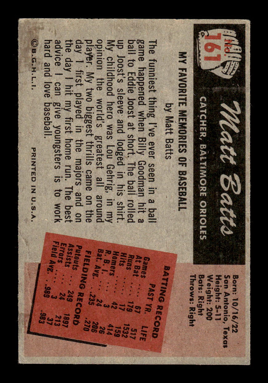 1955 Bowman #161 Matt Batts Baltimore Orioles G/VG 55B10007196