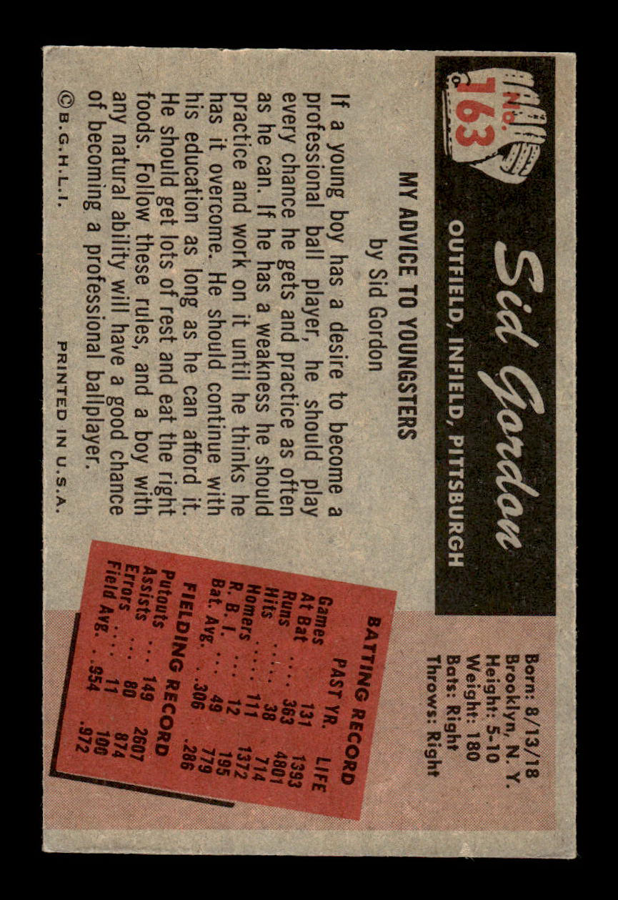 1955 Bowman #163 Sid Gordon Pittsburgh Pirates VGEX 55B10007198