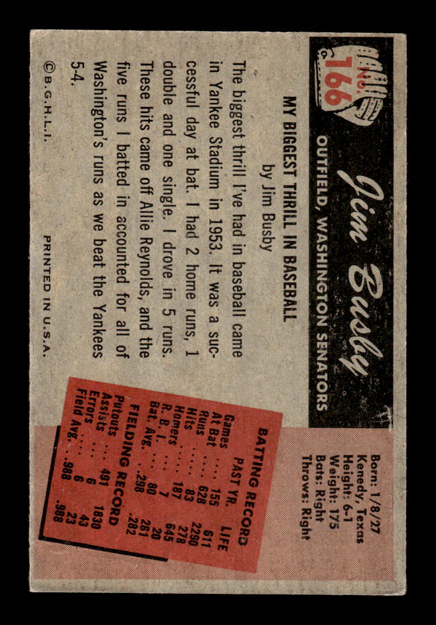 1955 Bowman #166 Jim Busby Washington Senators G/VG 55B10007201