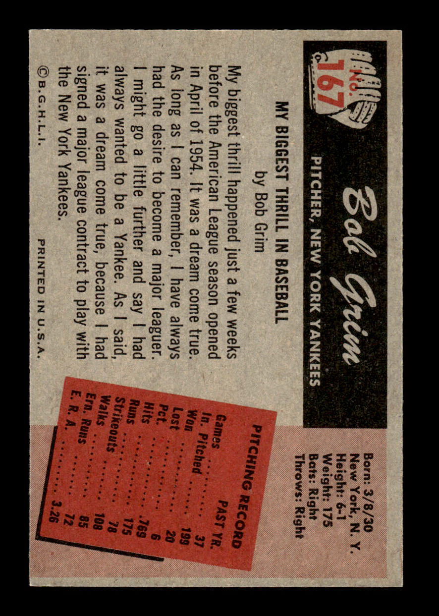 1955 Bowman #167 Bob Grim New York Yankees EX 55B10007202