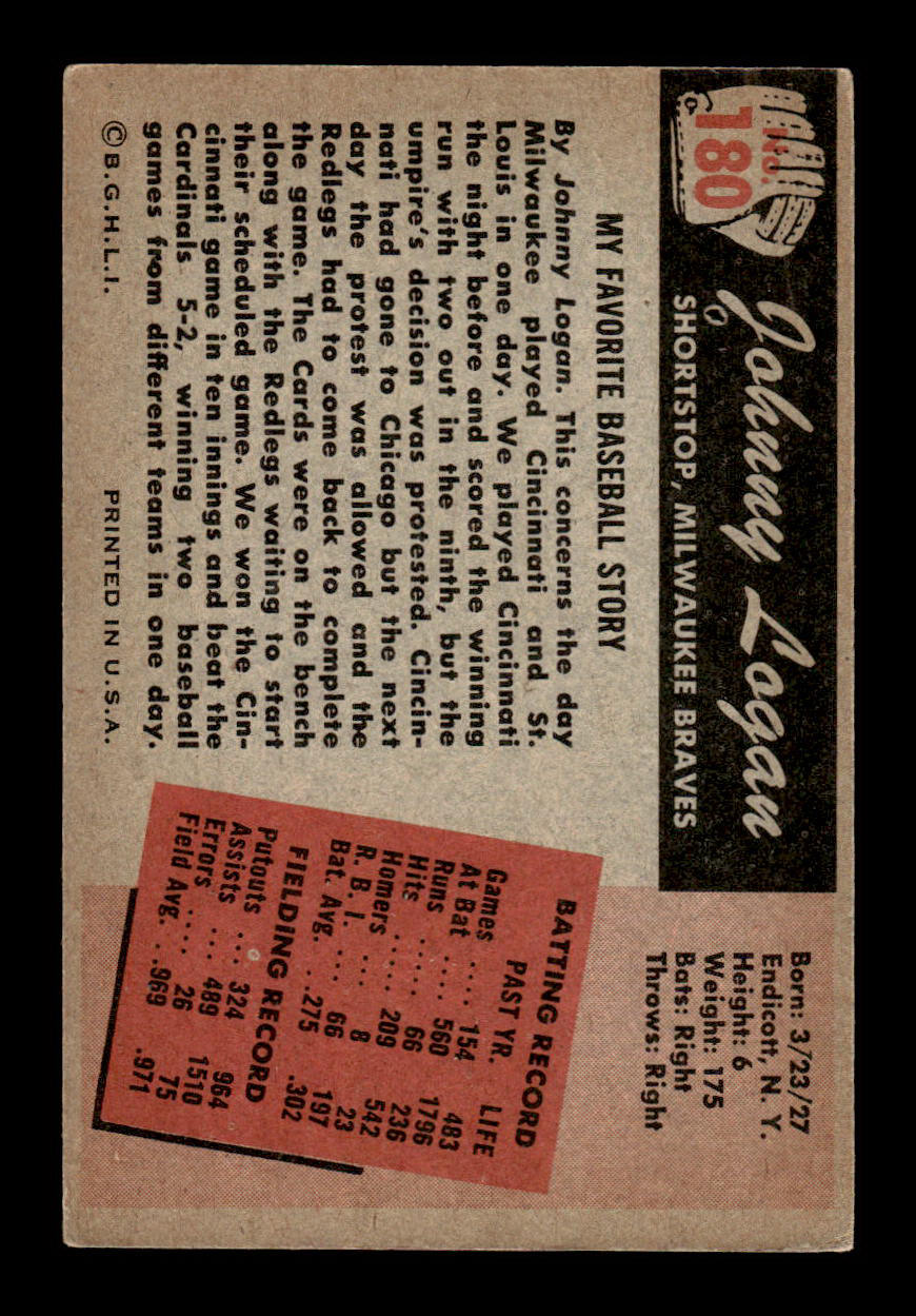 1955 Bowman #180 Johnny Logan Milwaukee Braves EX 55B10007215