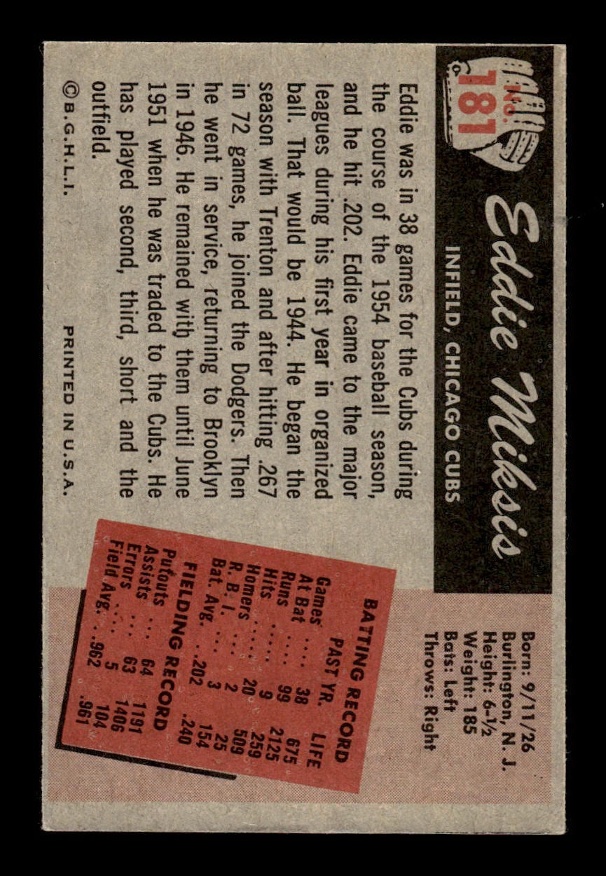 1955 Bowman #181 Eddie Miksis Chicago Cubs EX 55B10007216