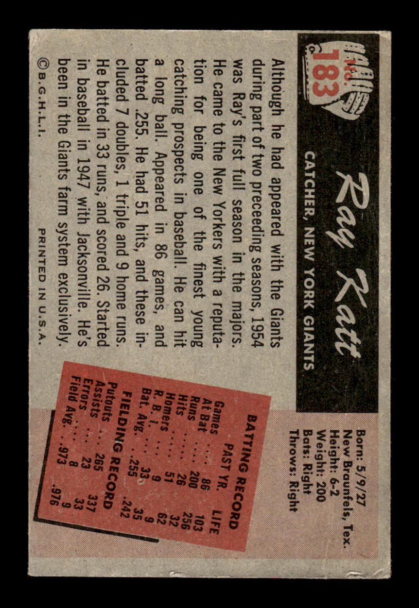 1955 Bowman #183 Ray Katt New York Giants G/VG 55B10007218
