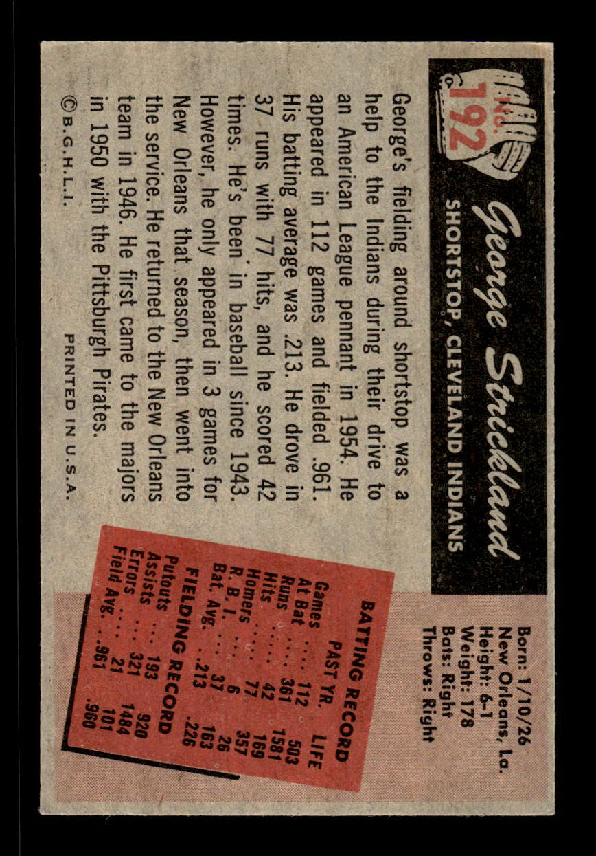 1955 Bowman #192 George Strickland Cleveland Indians VGEX 55B10007226