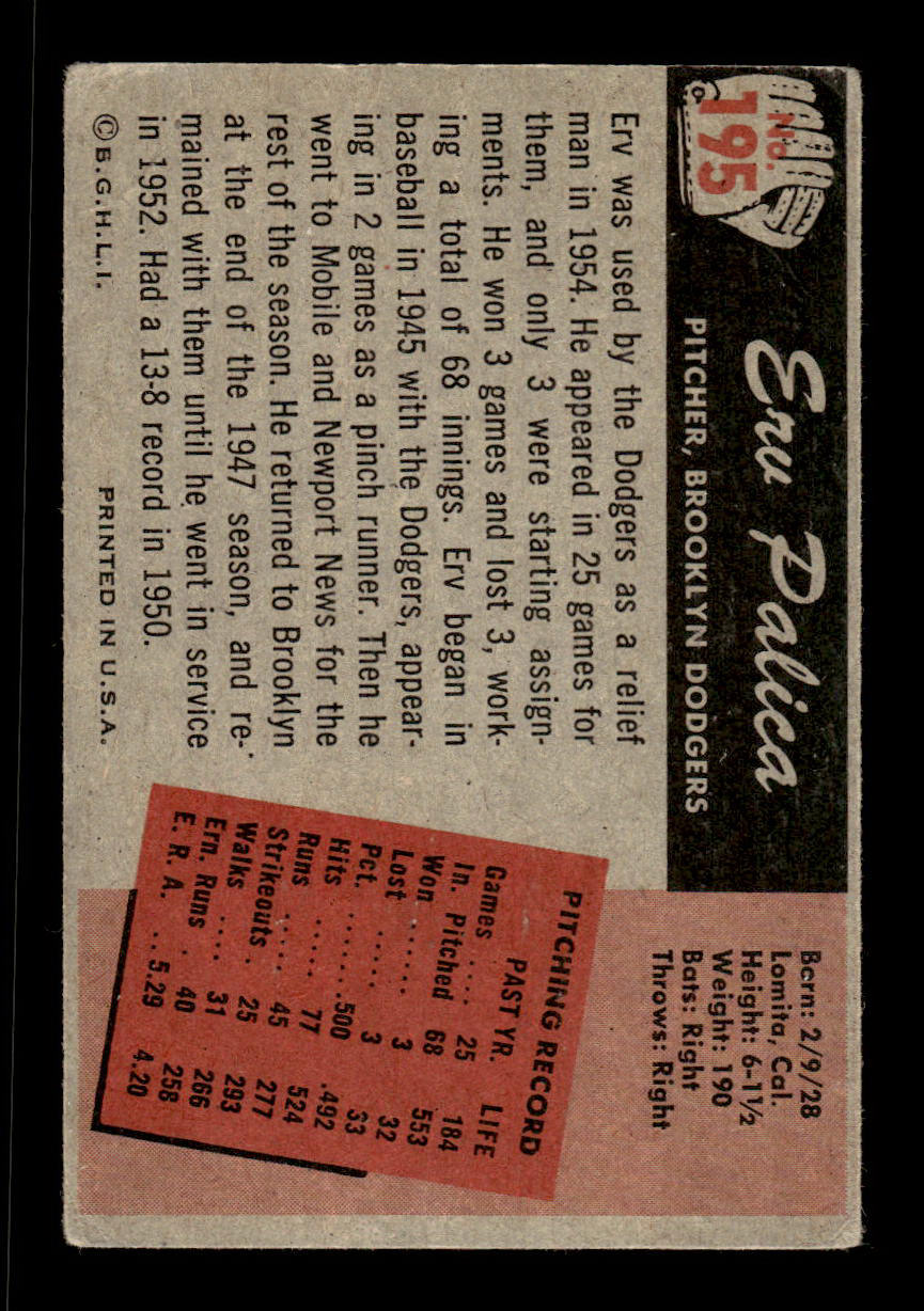 1955 Bowman #195a Erv Palica Brooklyn Dodgers VGEX 55B10007229