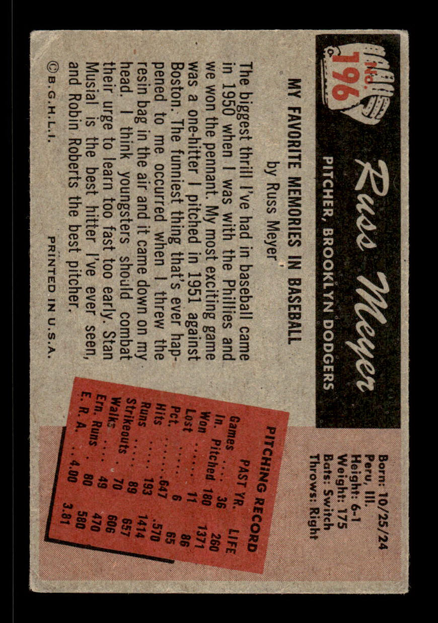 1955 Bowman #196 Russ Meyer Brooklyn Dodgers VG 55B10007230
