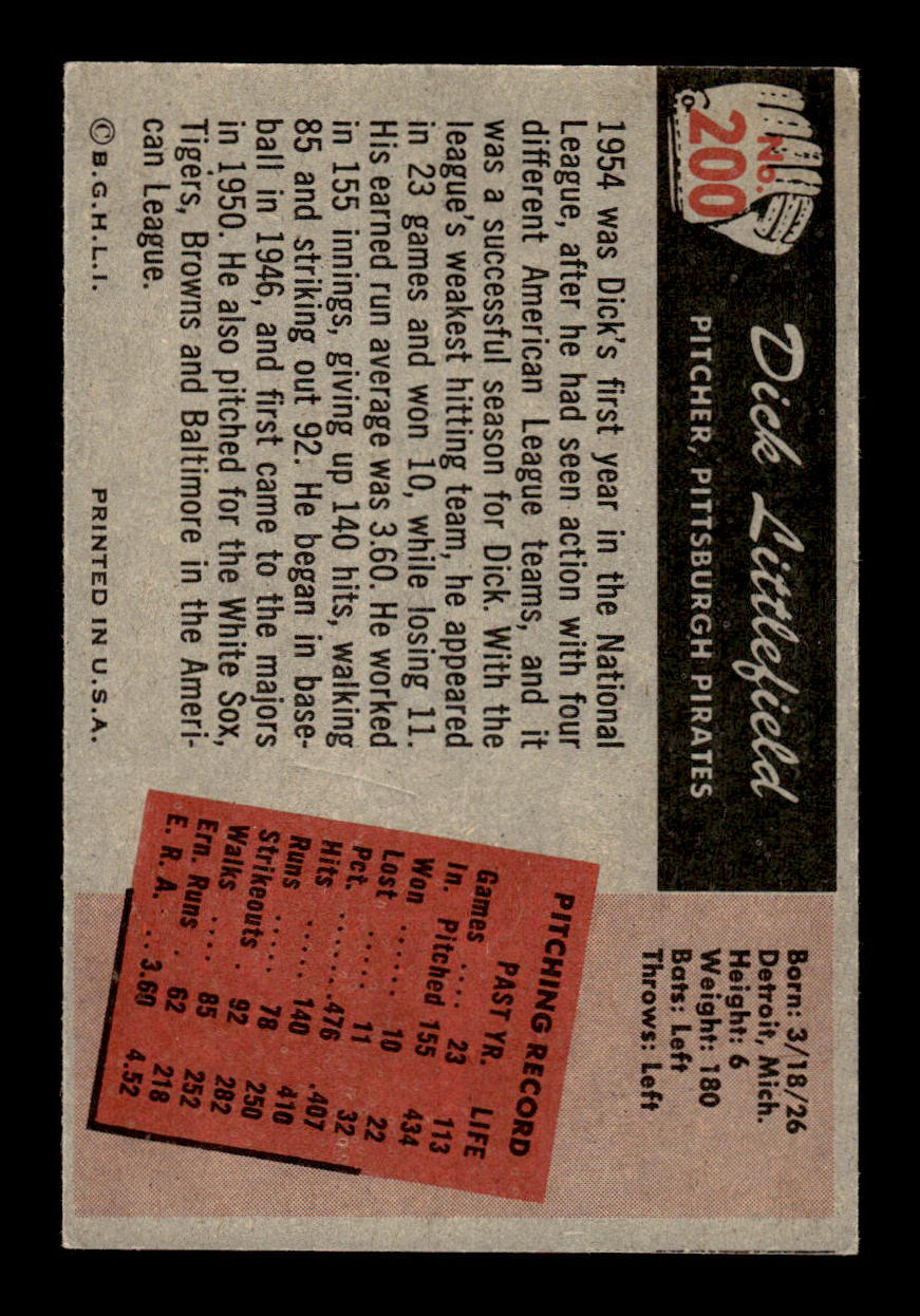 1955 Bowman #200 Dick Littlefield Pittsburgh Pirates VGEX 55B10007234