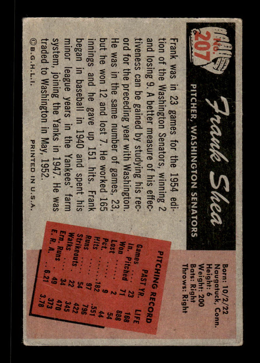 1955 Bowman #207 Spec Shea Washington Senators VGEX 55B10007240
