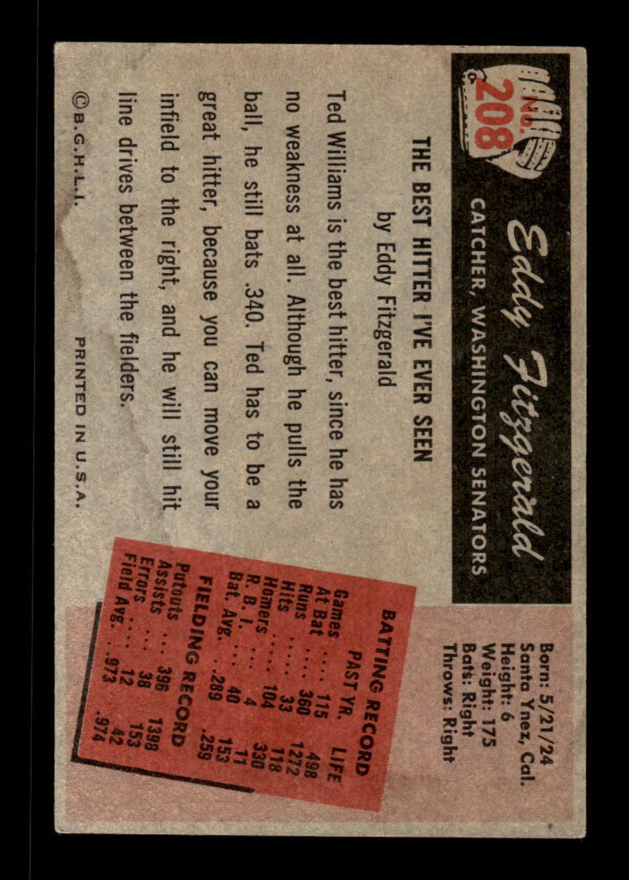 1955 Bowman #208 Ed FitzGerald Washington Senators VGEX 55B10007241